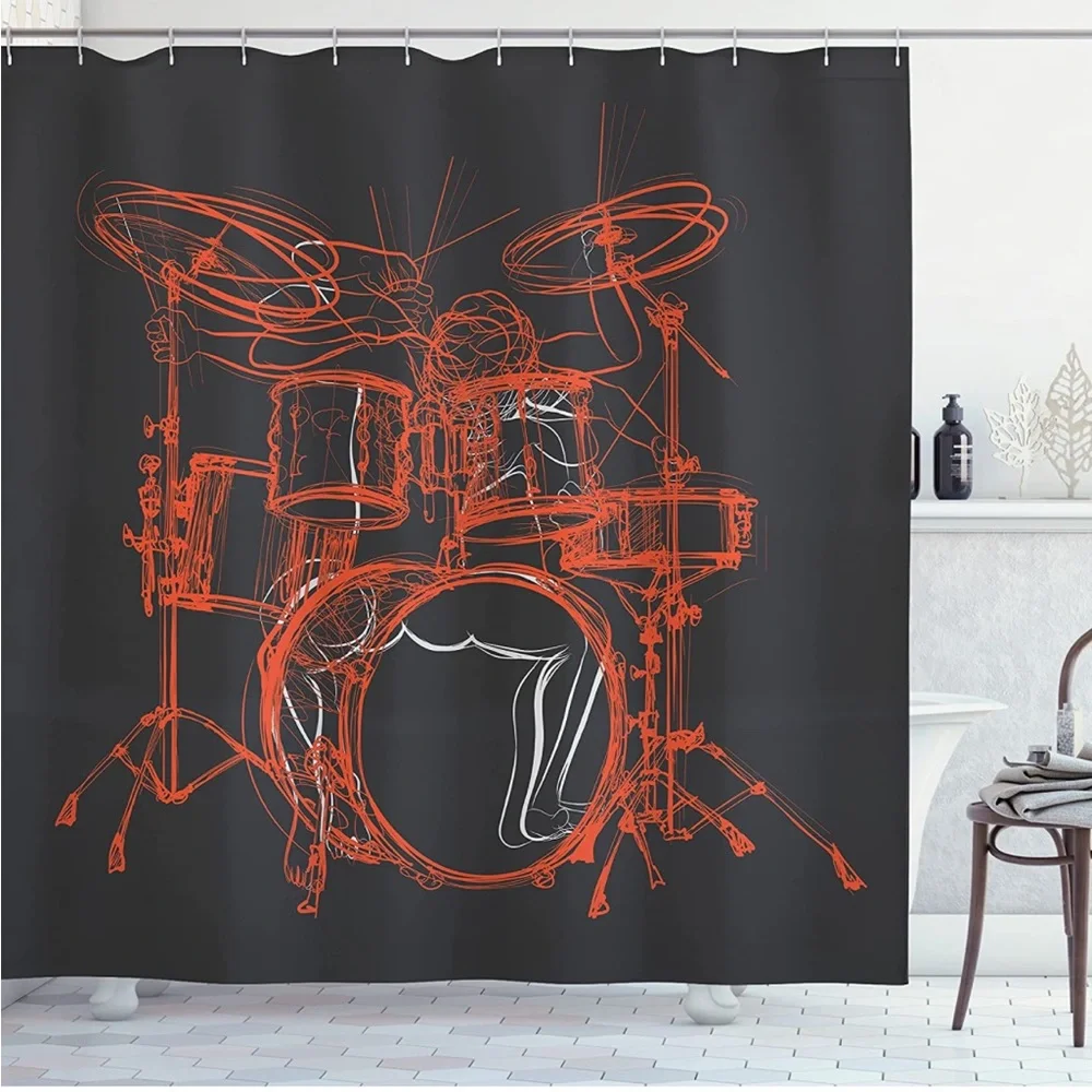 Rock Music Shower Curtain, Drummer Musical Cloth  Set with Hooks, 69